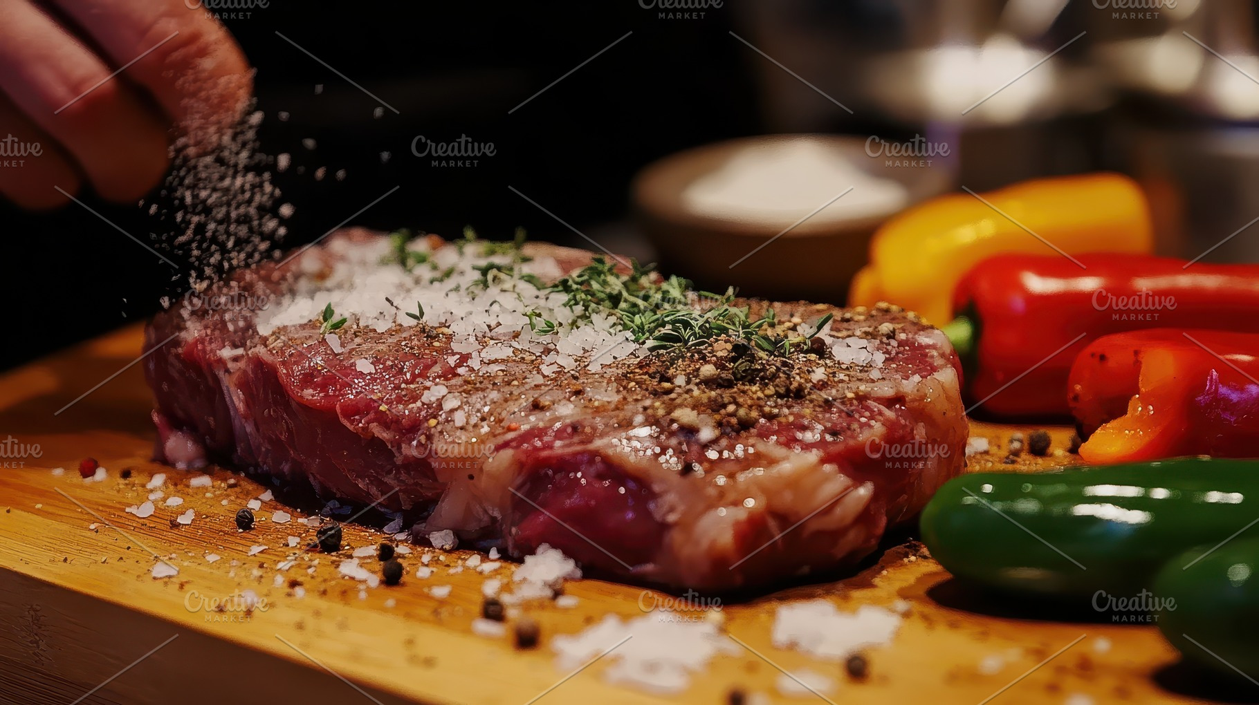 Seasoning a juicy steak with salt an, a Food & Drink Photo by Pixeness Studio