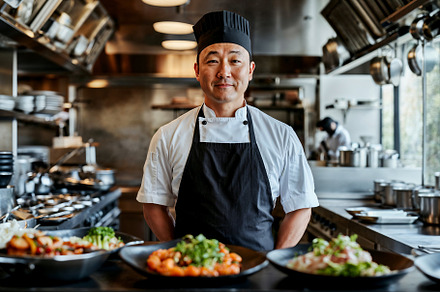 Man in kitchen preparing dishes in a restaurant., a Person Photo by OSORIOartist