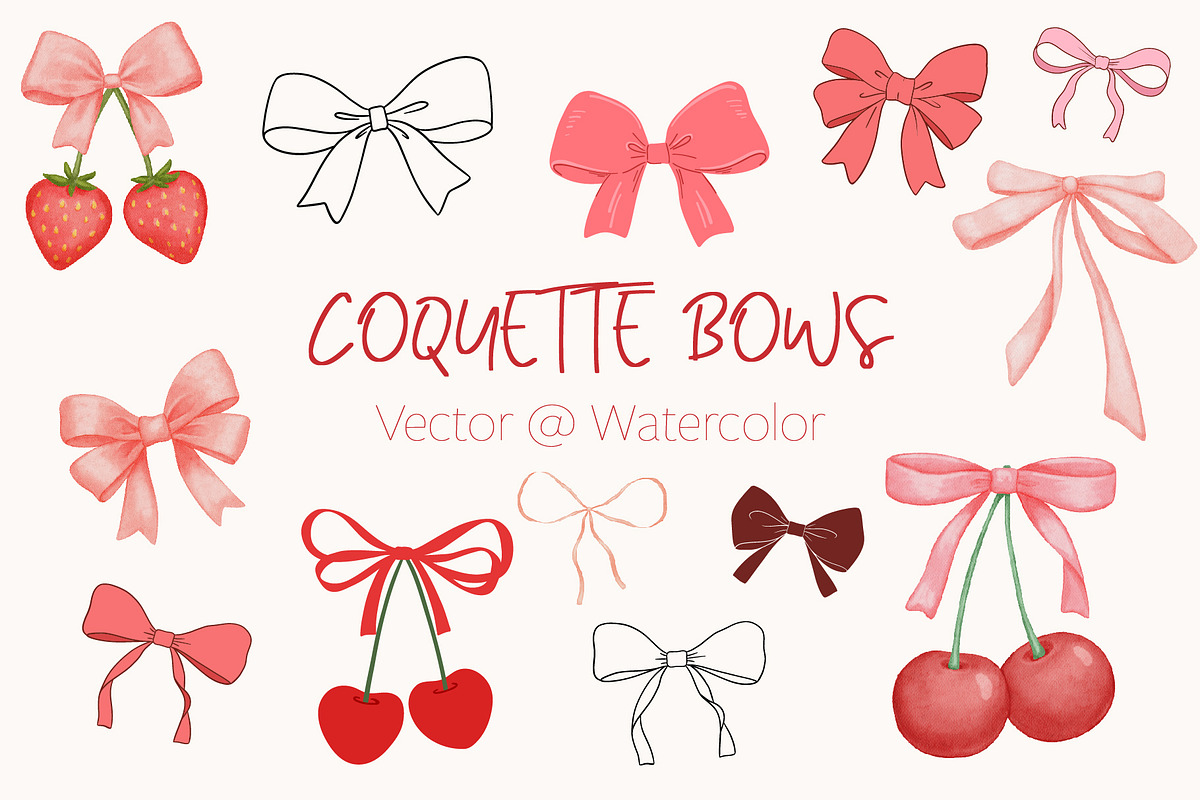 Coquette pink bow and cherry clipart, a Decorative Illustration by ElenaPlatovaArt (Photo 1 of 7)
