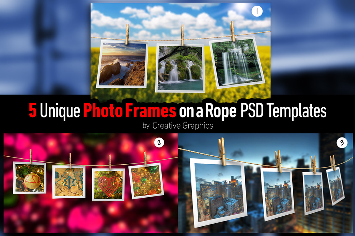 Photo Frames on a Rope PSD Mockup, a Print Template by Creative Graphics