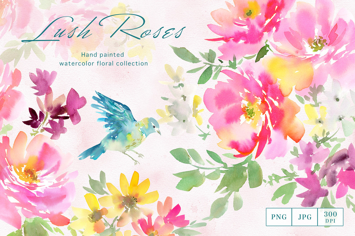 Watercolor pink roses with birds, an Object Graphic by Sawango Designs (Photo 1 of 12)