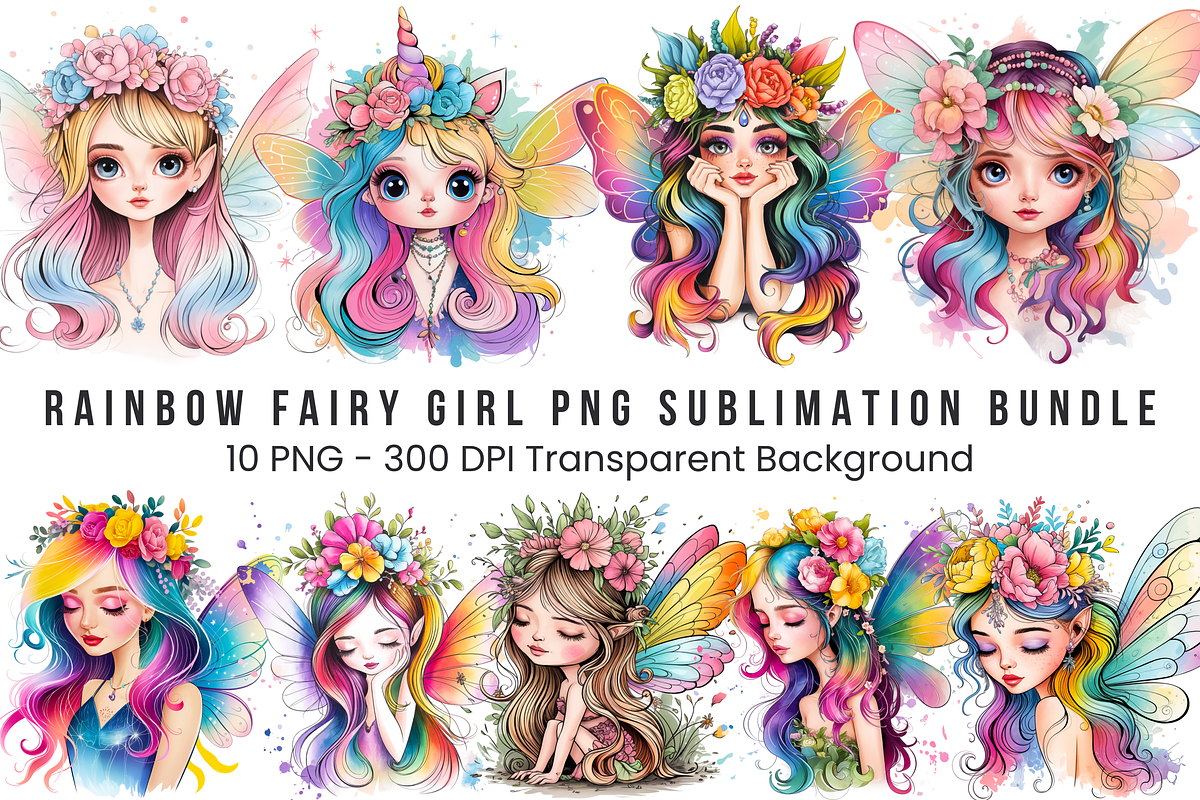 Rainbow Fairy Girl PNG Bundle, a Graphic by Clipart Bloom (Photo 1 of 11)