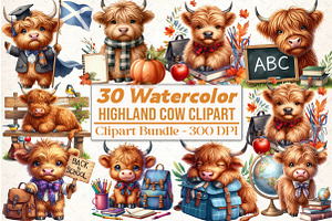 Back to School Highland Cow Clipart, an Illustration by DreamCafeArt