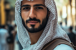 A young arabic man in traditional Emirati attire, wearing a white kandura and a, a Person Photo by Textures & Backgrounds