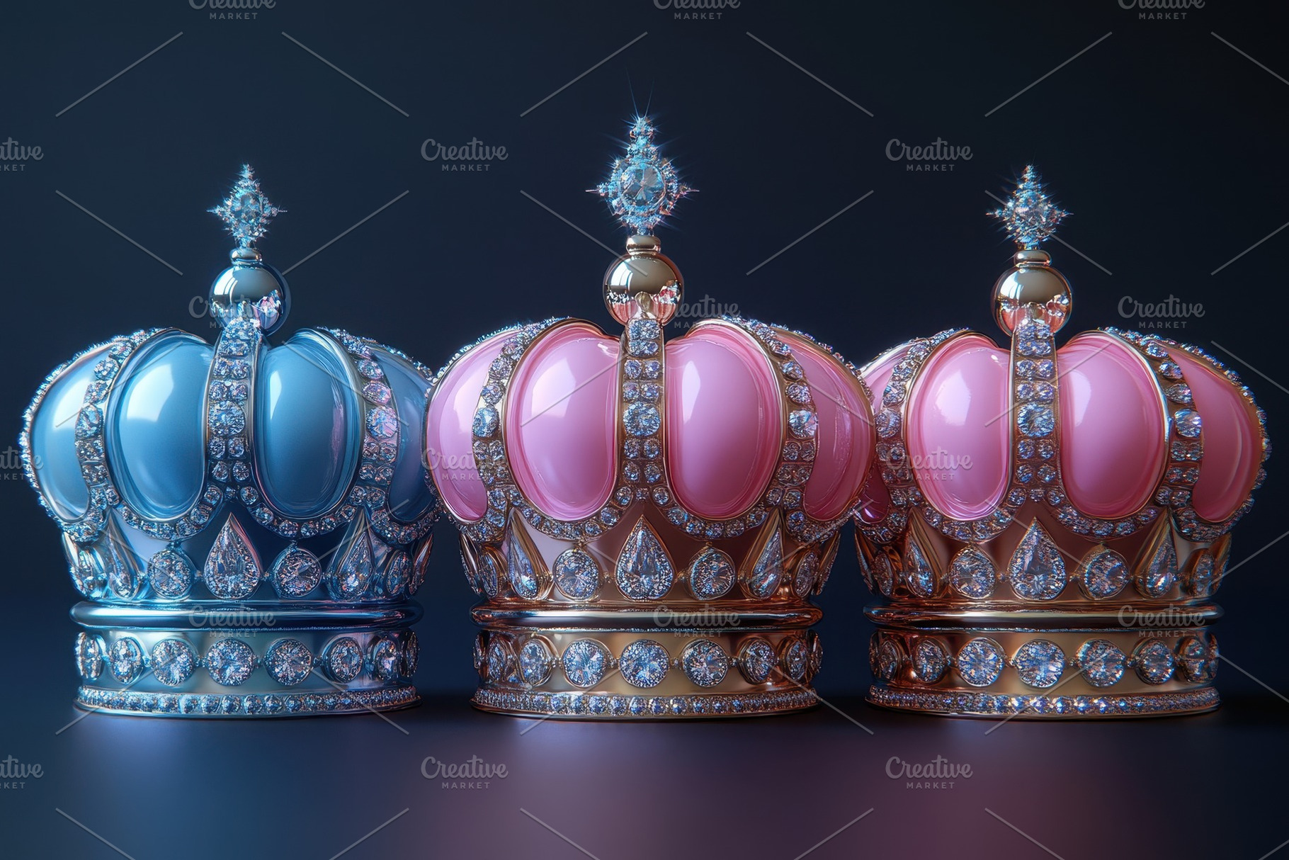 Three ornate crowns glittering with, a Photo by Tanuart