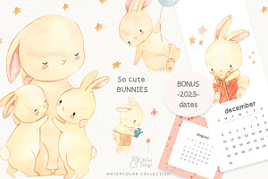 BUNNIES And CALENDAR 2023,watercolor