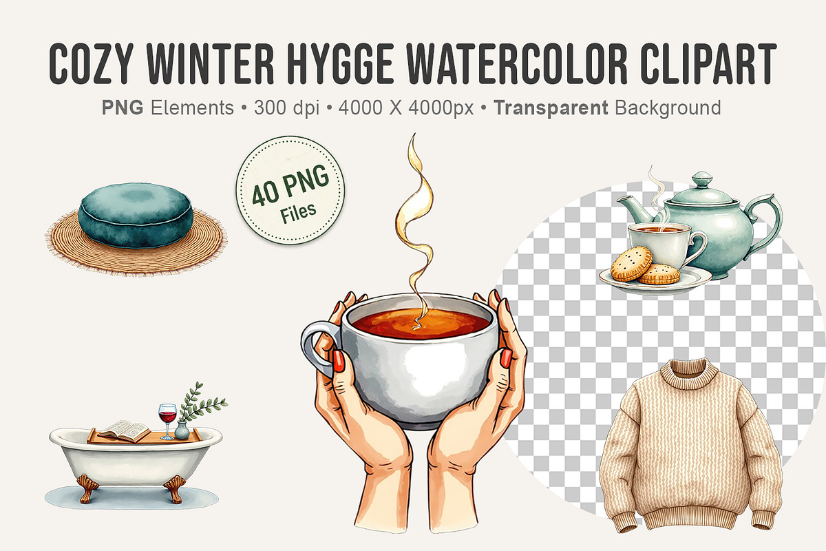 Cozy Winter Hygge Watercolor Clipart, an Illustration by Artnoy (Photo 1 of 8)