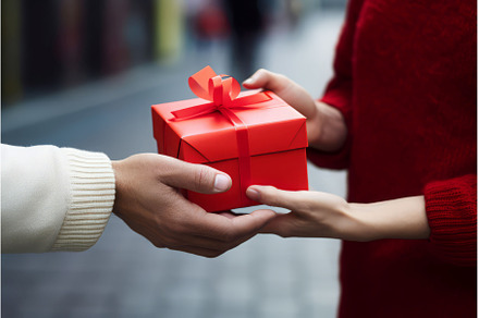 Woman man red gift. Generate Ai, a Person Photo by Ylivdesign