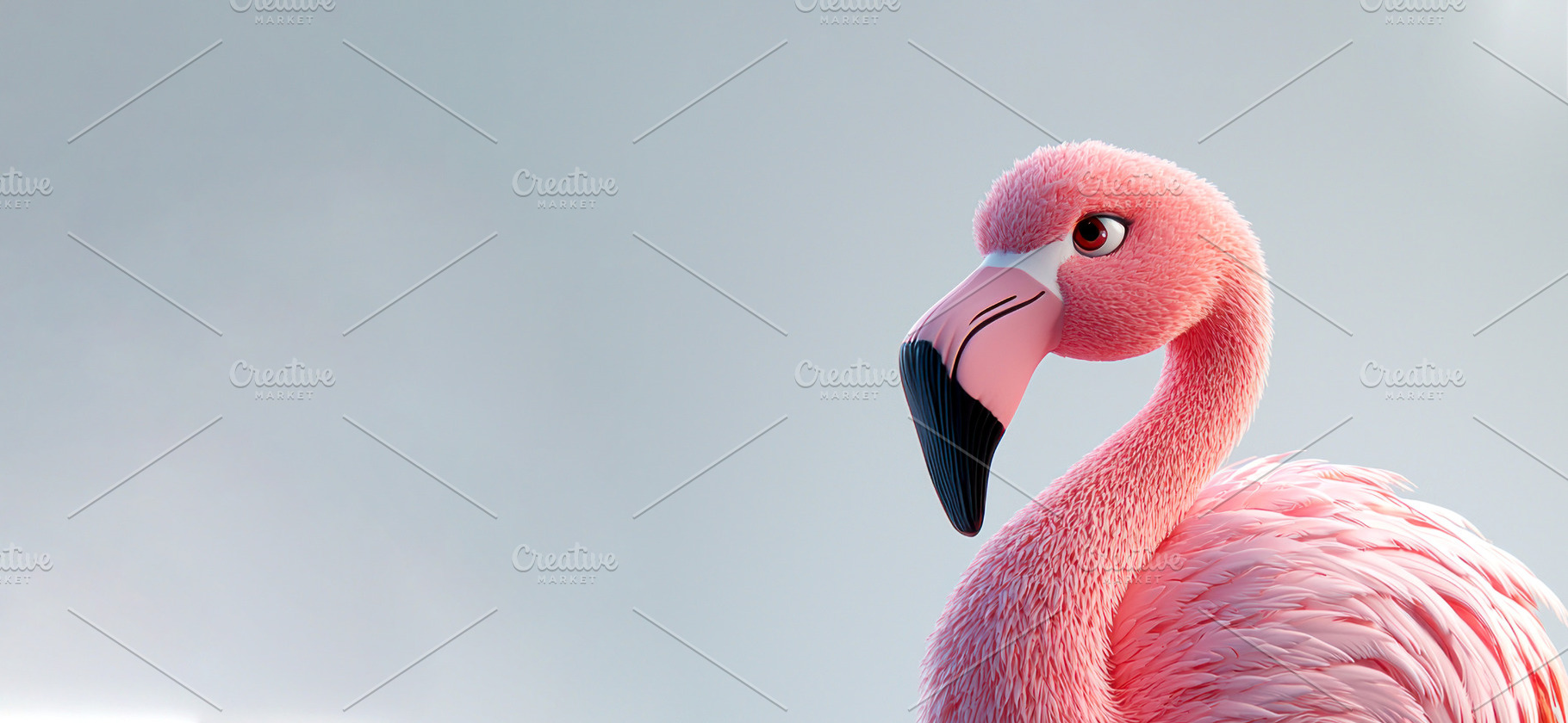 Stylized pink cartoon flamingo with curved black beak and sleek, an Animal Photo by José Manuel Gelpi