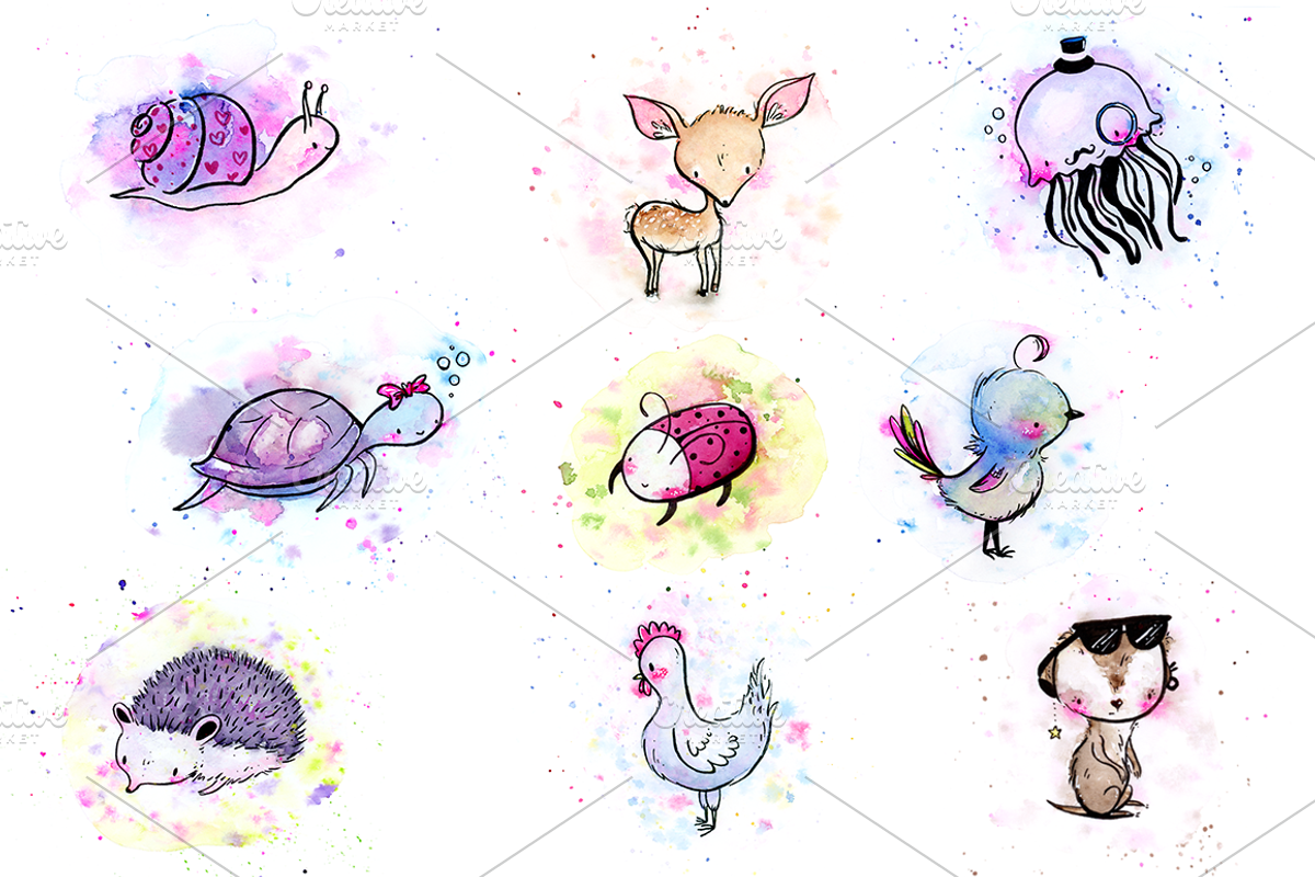 9 Cute Watercolor & Ink Animals Pack, an Animal Illustration by Yasmina Creates (Photo 5 of 5)