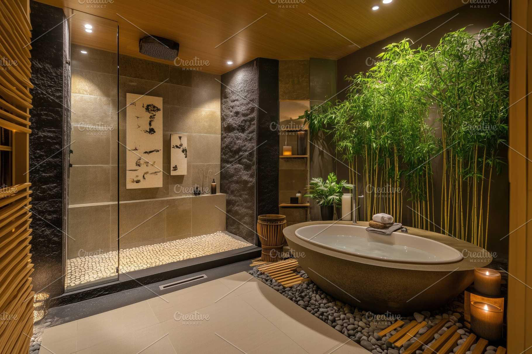 A serene and modern Asian Zen interior design style bathroom featuring a  freest, an Arts \u0026, image size:1820x1214