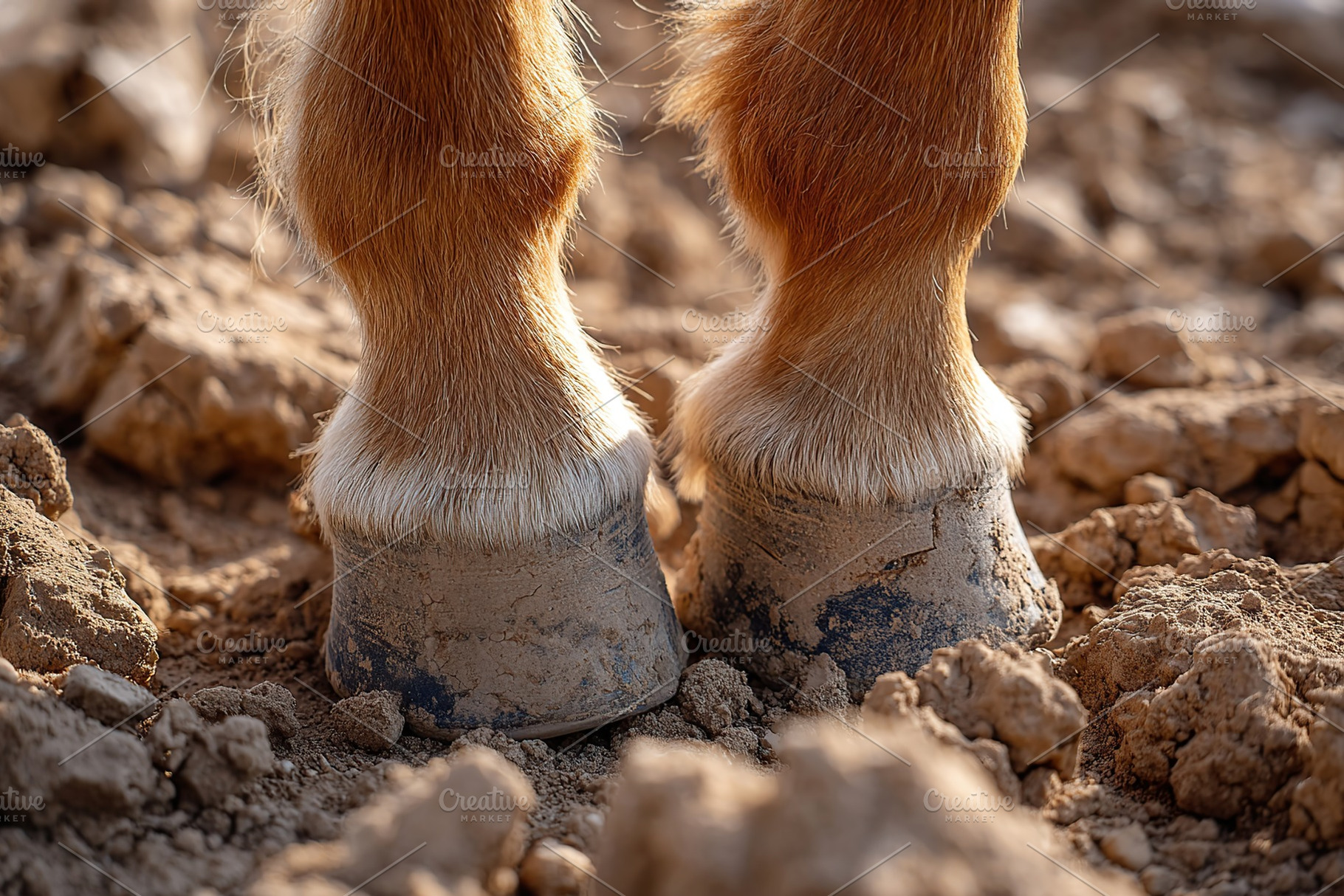 Close-up view of horse hooves on dirt ground during late afternoon light, an Animal Photo by AlyaAnd