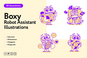 Boxy Robos Assistant Illustrations, a Technology Illustration by Welovegraphics