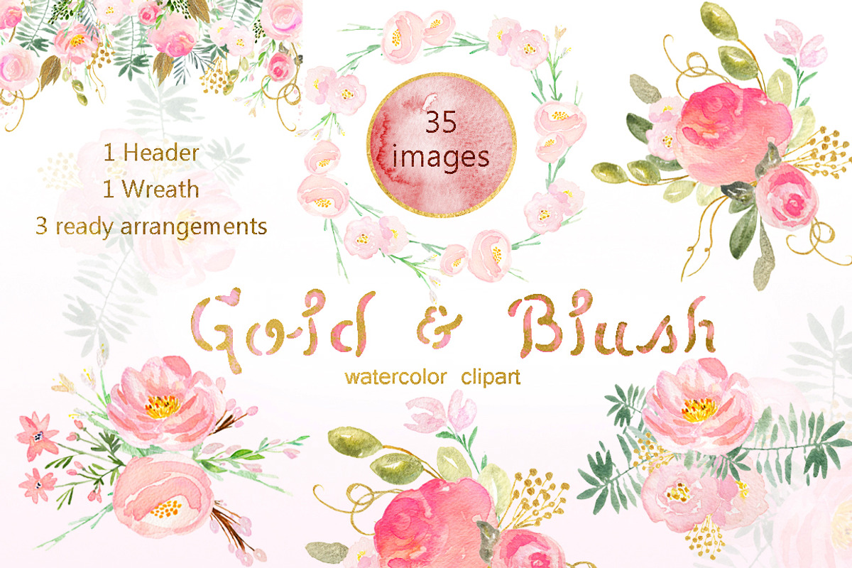 Gold & blush watercolor flowers, an Illustration by LABFcreations (Photo 3 of 6)