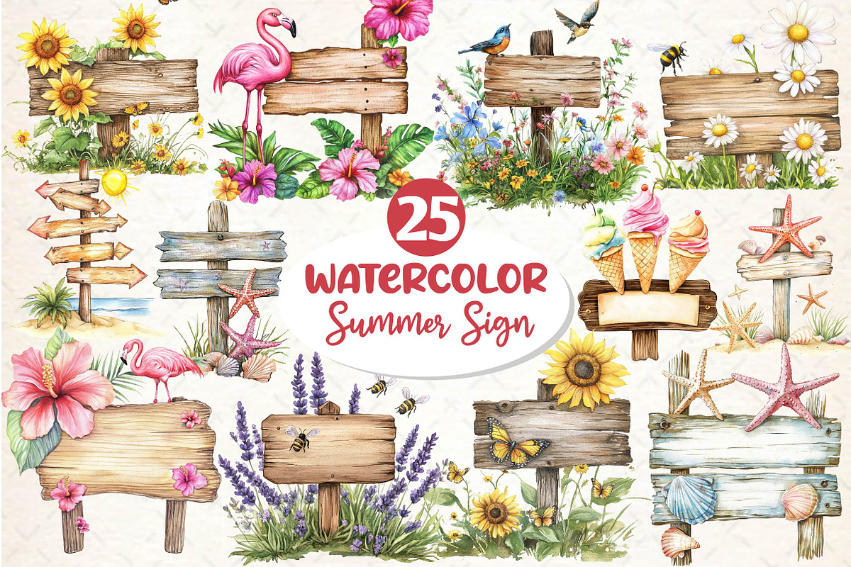 Summer Day Wooden Sign Clipart, an Illustration by Dream Creation (Photo 1 of 6)