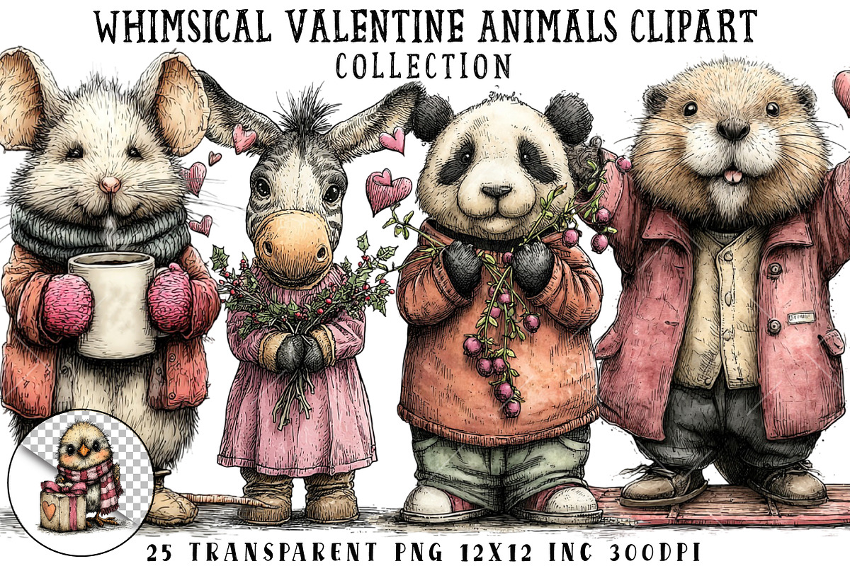 Whimsical Valentine Animals Clipart, an Illustration by OK Design (Photo 1 of 6)