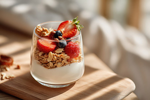 Yogurt parfait with granola and fresh berries, a Food & Drink Photo by AlyaAnd