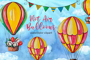 Hot Air Balloons Watercolor Clipart, a Transportation Illustration by AnastasiaWatercolor (Thumbnail 1 of 9)