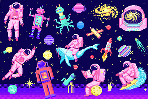 Pixel Art 8 Bit Space Objects.