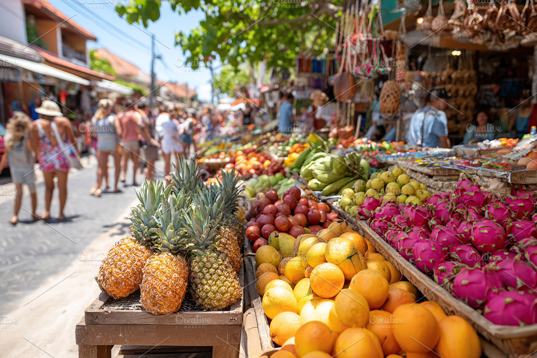 Colorful tropical market bustling with vendors and fresh produce in the afterno, a Food & Drink Photo by AlyaAnd
