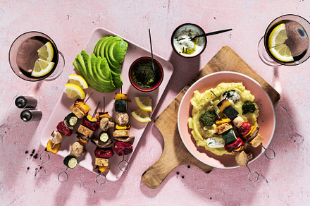 Roasted Veggie Kebabs with tofu and mushrooms , avocado and basi, a Food & Drink Photo by IriGri