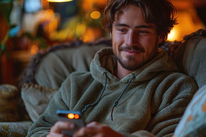 A young Caucasian man relaxes on a cozy sofa, smiling at his phone in a warmly, a Person Photo by ImageMir