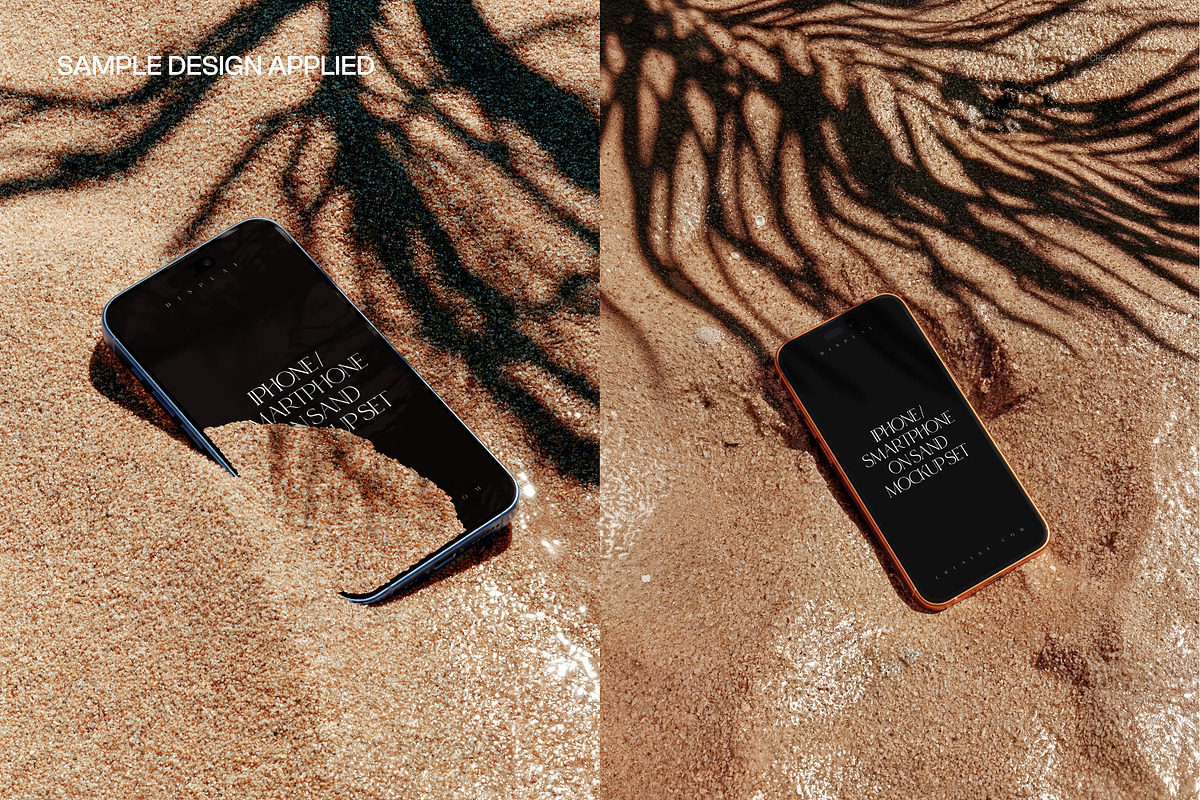 iPhone Smartphone on Sand Mockup Set, an iPhone Mockup by creatsy5 (Photo 5 of 8)