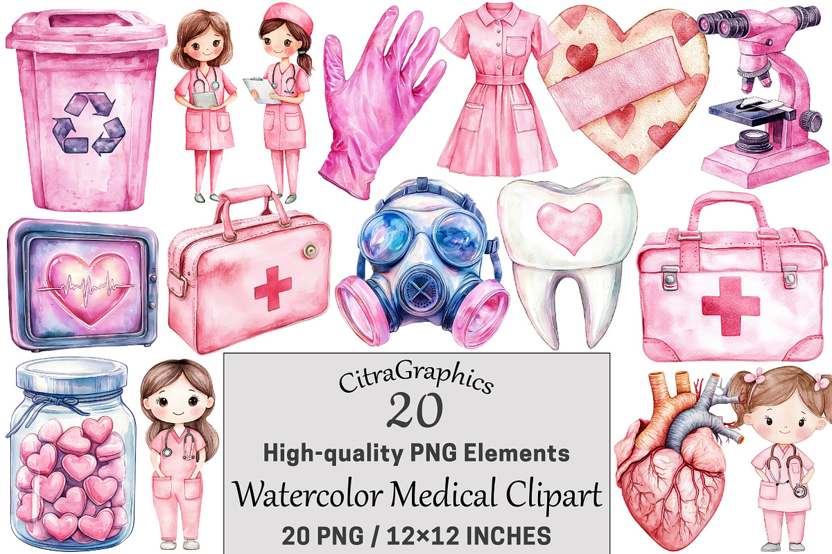Watercolor Medical Clipart, a Seasonal Illustration by CitraGraphics (Photo 1 of 4)