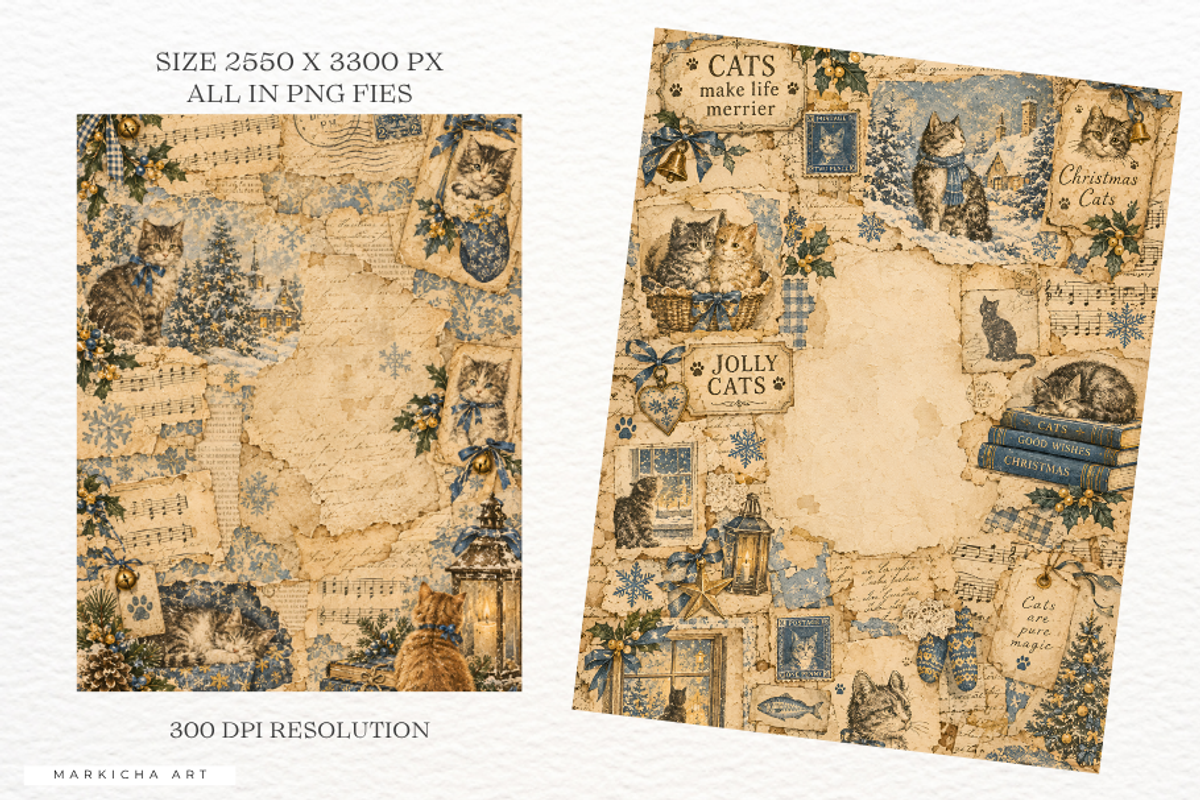 Cats Christmas Junk Journal Pages, a Background Graphic by Markicha Art (Photo 3 of 5)