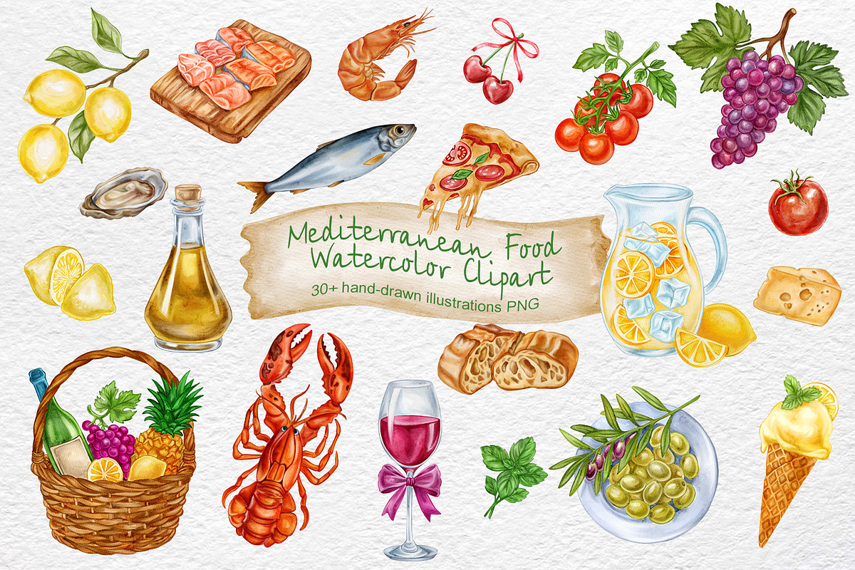 Mediterranean Food Watercolor, a Food Illustration by Watercolor dreams (Photo 1 of 3)