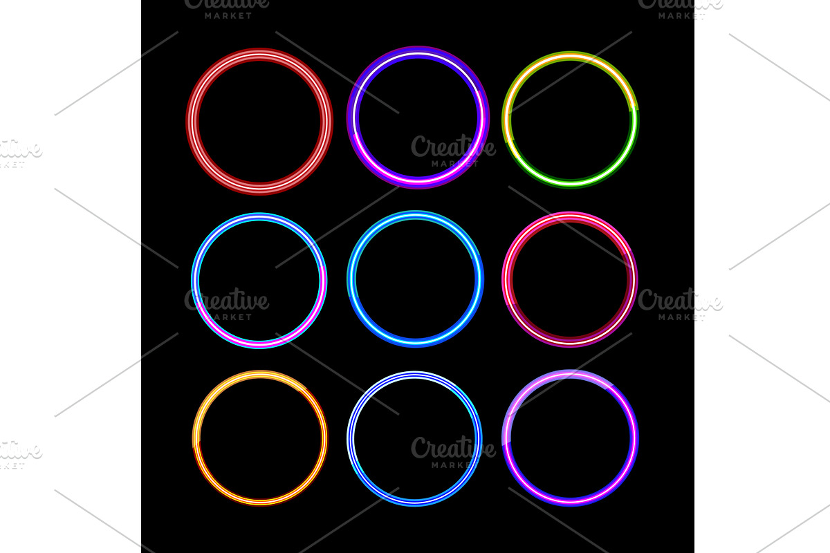 Glowing colorful neon circle frames, an Illustration by pikepicture