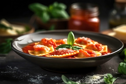 Ravioli stuffed with tomato sauce, basil and Parmesan cheese, pr