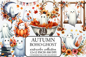 Watercolor Autumn Boho Ghost Clipart, an Illustration by Libby Wishes