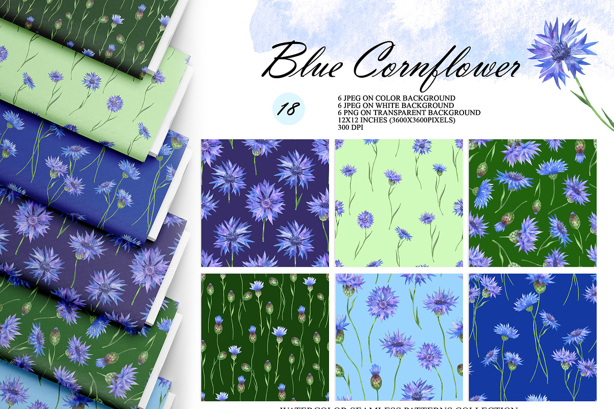 Watercolor Cornflower Patterns, an Illustration by OlDm_Shop (Photo 1 of 10)