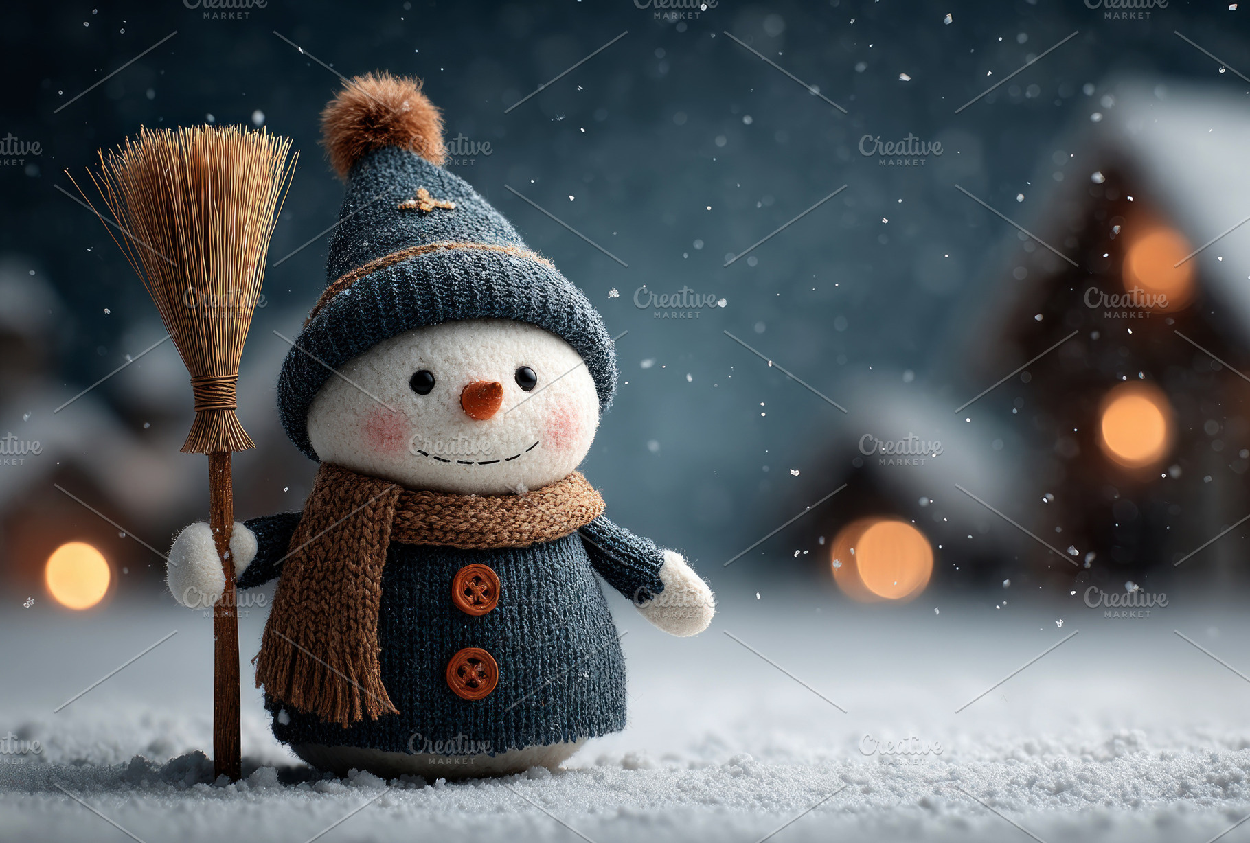 Cute snowman in knit hat and coat with brown scarf and broom in, a Holiday Photo by José Manuel Gelpi