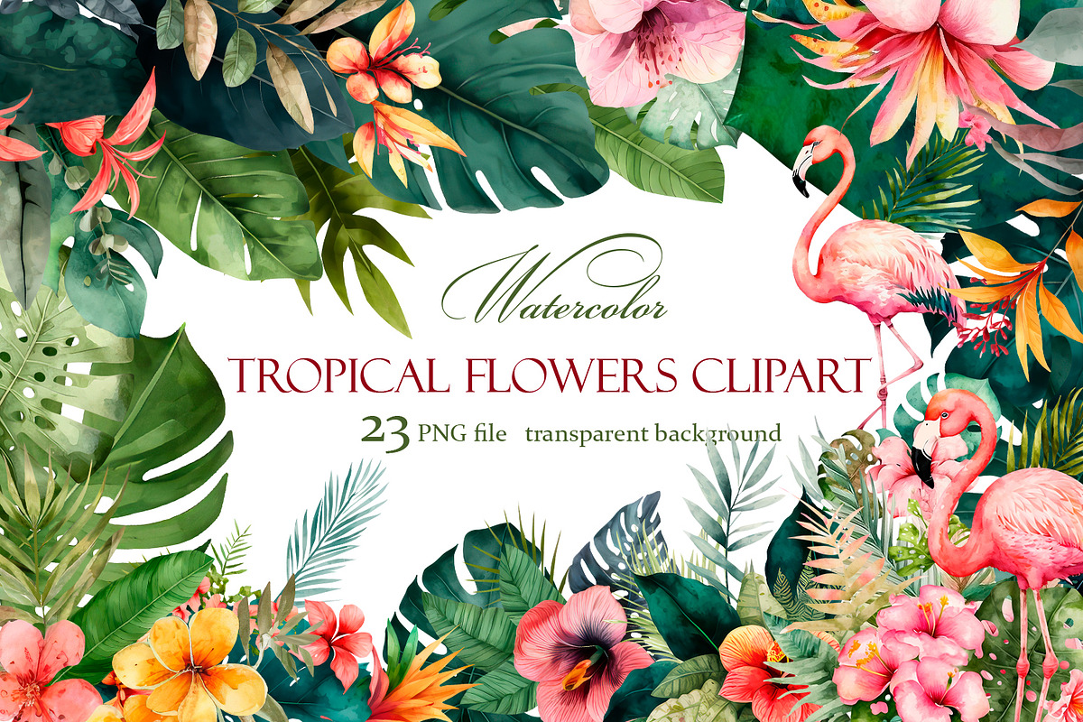 Tropical flowers clipart & Flamingo., a Decorative Illustration by ElenazlataArt (Photo 1 of 5)
