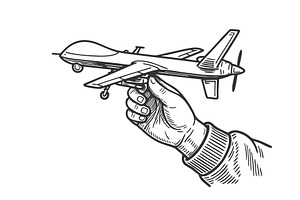 Hand with Drone Toy engraving vector, a Transportation Illustration by AlexArt