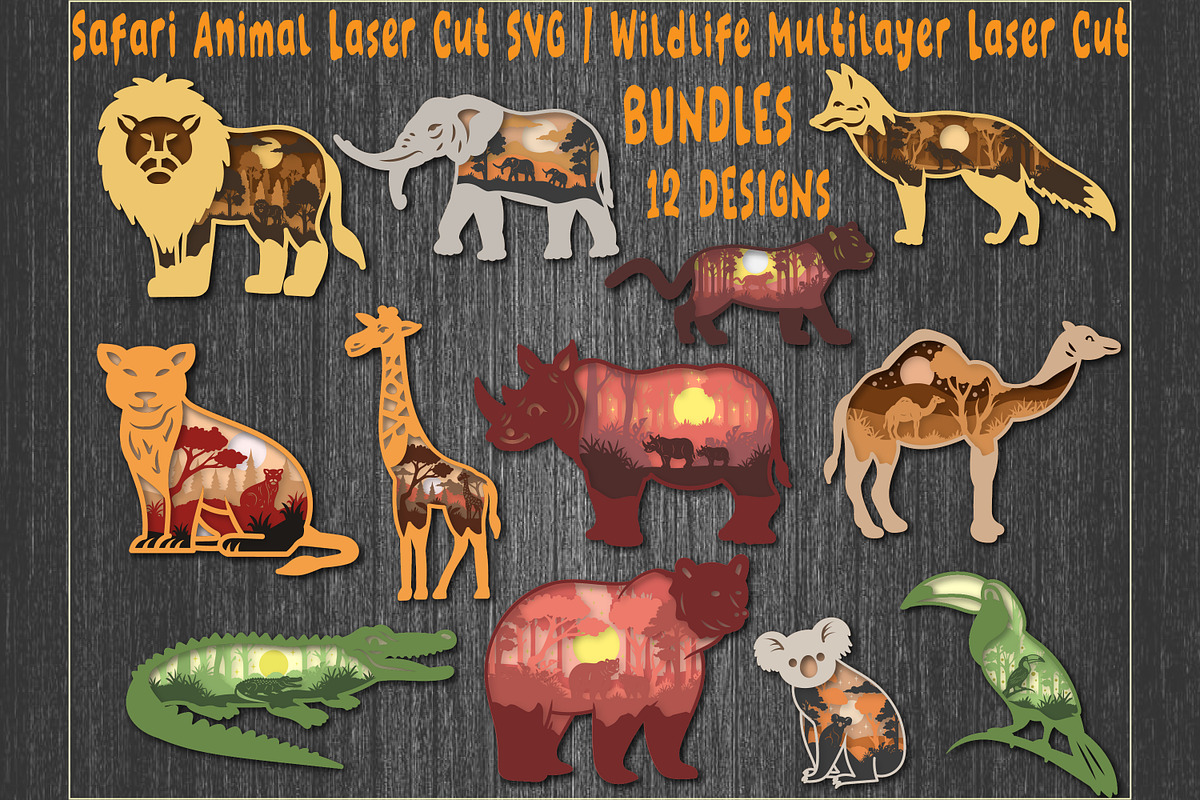 Safari Animal Laser Cut SVG Bundle, an Animal Illustration by OTVEY DESIGN (Photo 1 of 13)