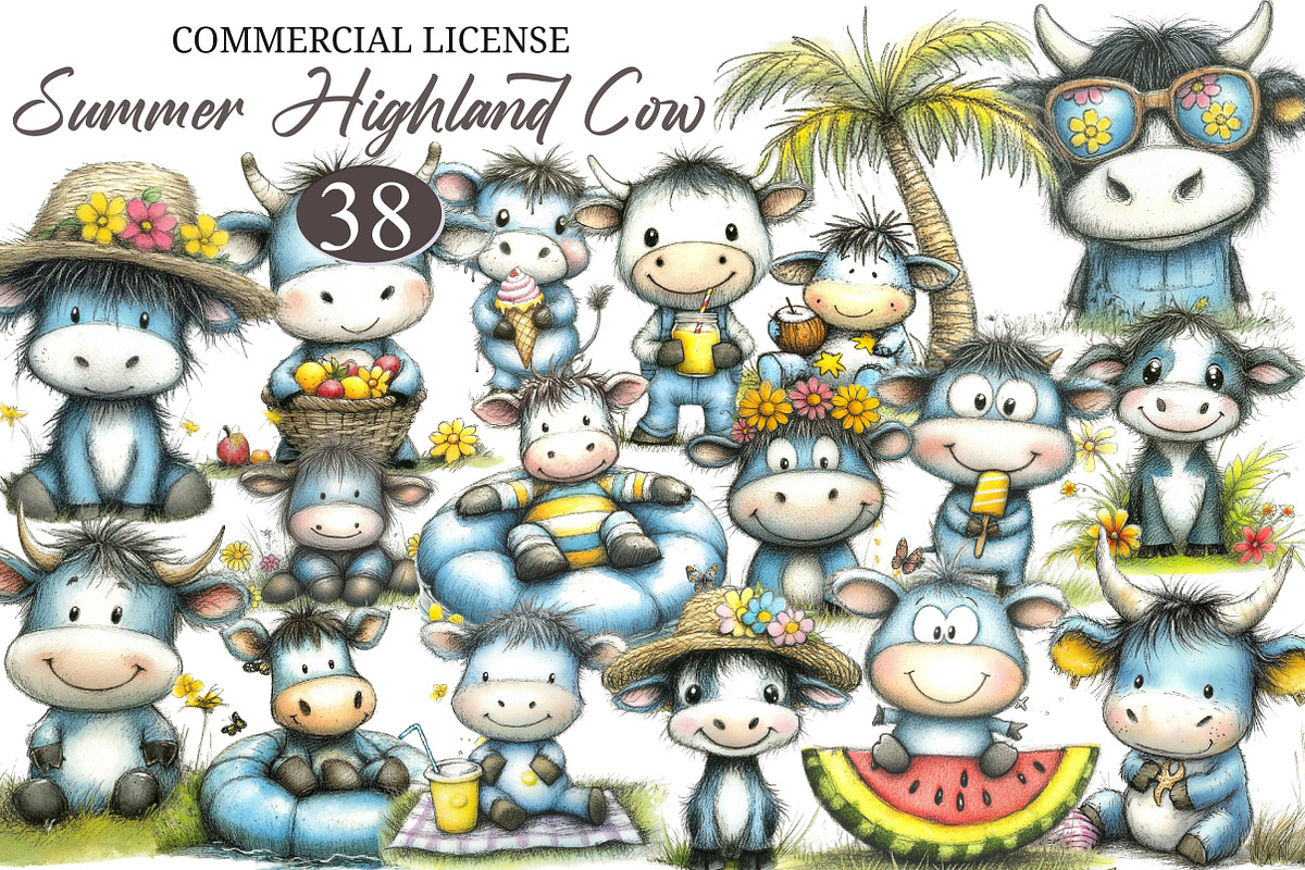 Watercolor Summer Cow Clipart, an Illustration by designcity5 (Photo 1 of 5)