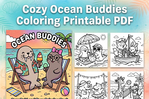 Cozy Ocean Buddies Coloring Page PDF, an Animal Illustration by Image for Sale