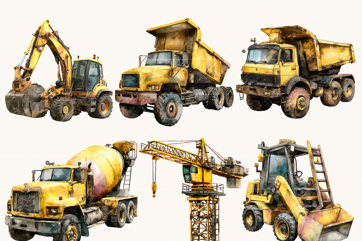 Watercolor Construction Vehicles, a Transportation Illustration by BusyDaydesign (Photo 7 of 10)