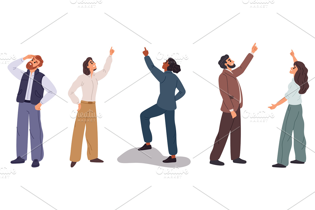 Men and women look up pointing their, a Person Illustration by Vectorbuum