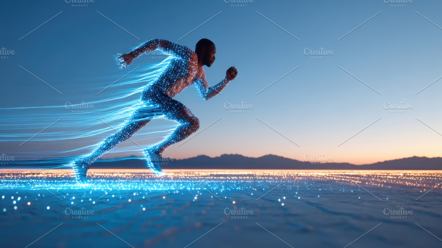 Dynamic runner with glowing light trails at sunset, a Sports & Recreation Photo by AlyaAnd