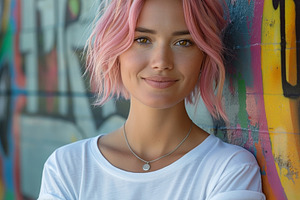 A young woman with short pink hair smiles confidently in front of a vibrant gra, a Person Photo by ImageMir