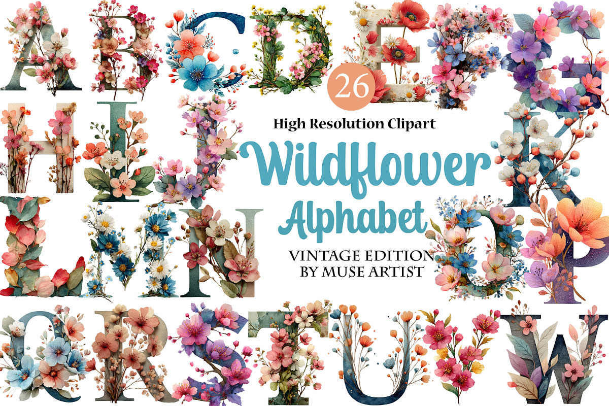 Wildflower Alphabet Clipart, an Illustration by DreamArtGraphic (Photo 1 of 3)