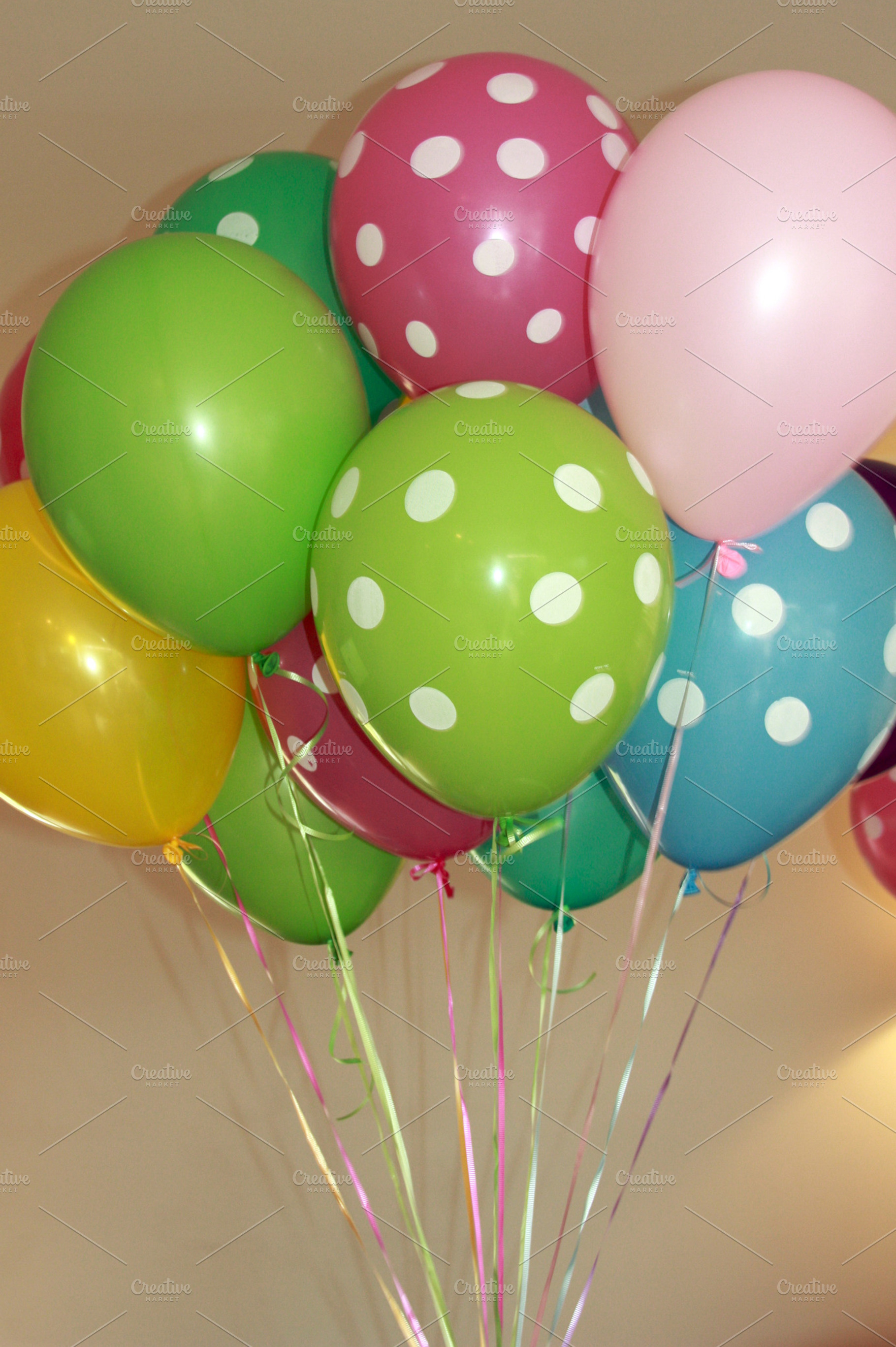 Party balloons featuring ballons, birthday, and polka dots