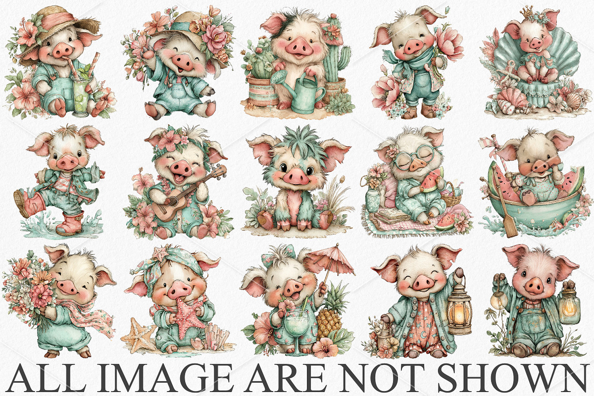 Whimsical Summer Pig Clipart Bundle, a Seasonal Illustration by Canvas Craft (Photo 4 of 7)