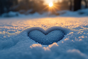 Love heart drawn on white snow with sun rays, a Nature Photo by AlyaAnd
