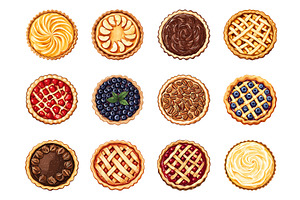 Pie top view set. Lemon tart cherry, a Food Illustration by Valerie Bodnar