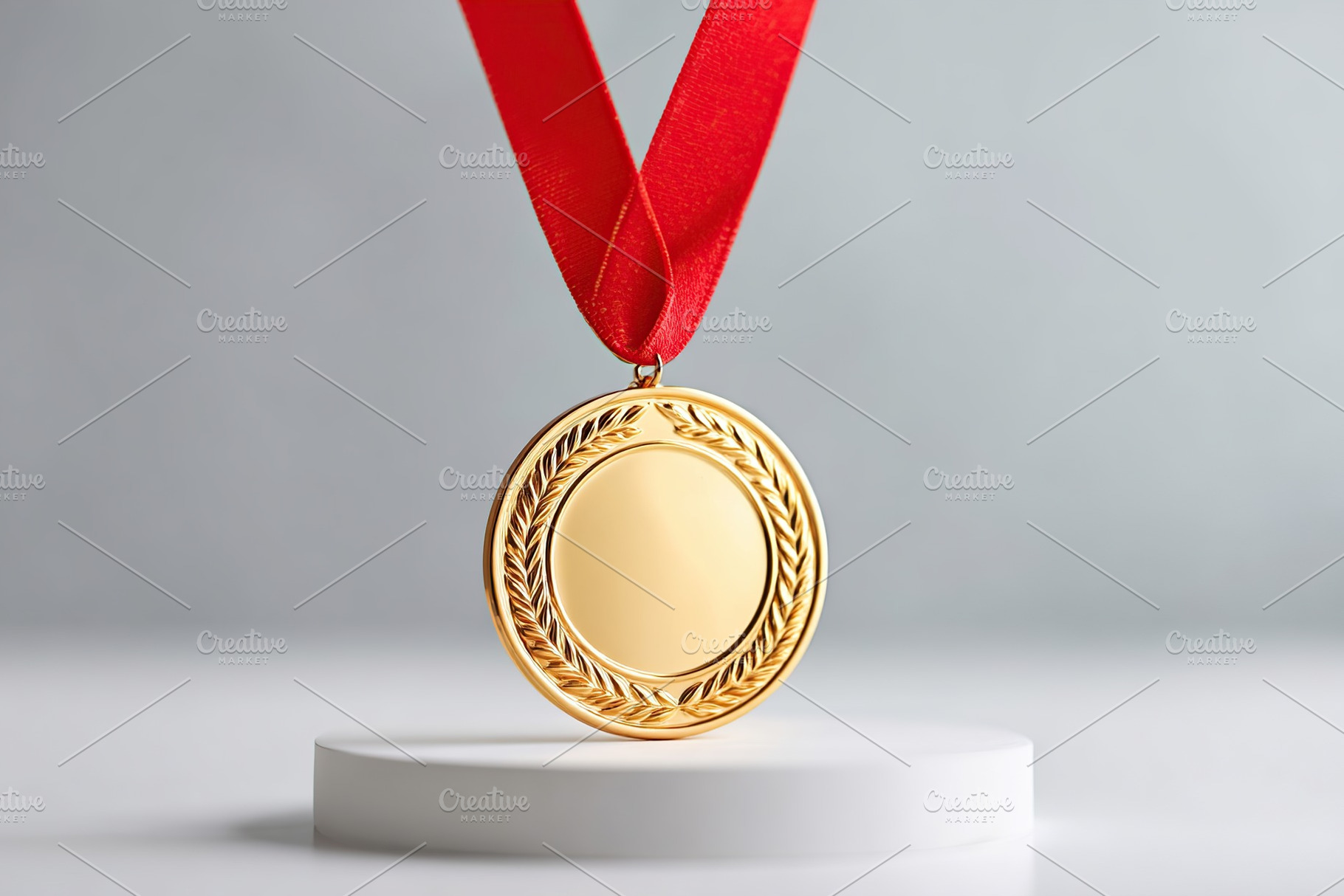 Medal with red ribbon displayed on a white pedestal against a neutral backdrop, a Sports & Recreation Photo by AlyaAnd